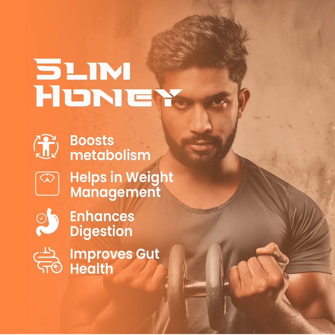 A man lifting dumbbells with text overlay listing Slim Honey benefits: boosts metabolism, helps in weight management, and enhances digestion.