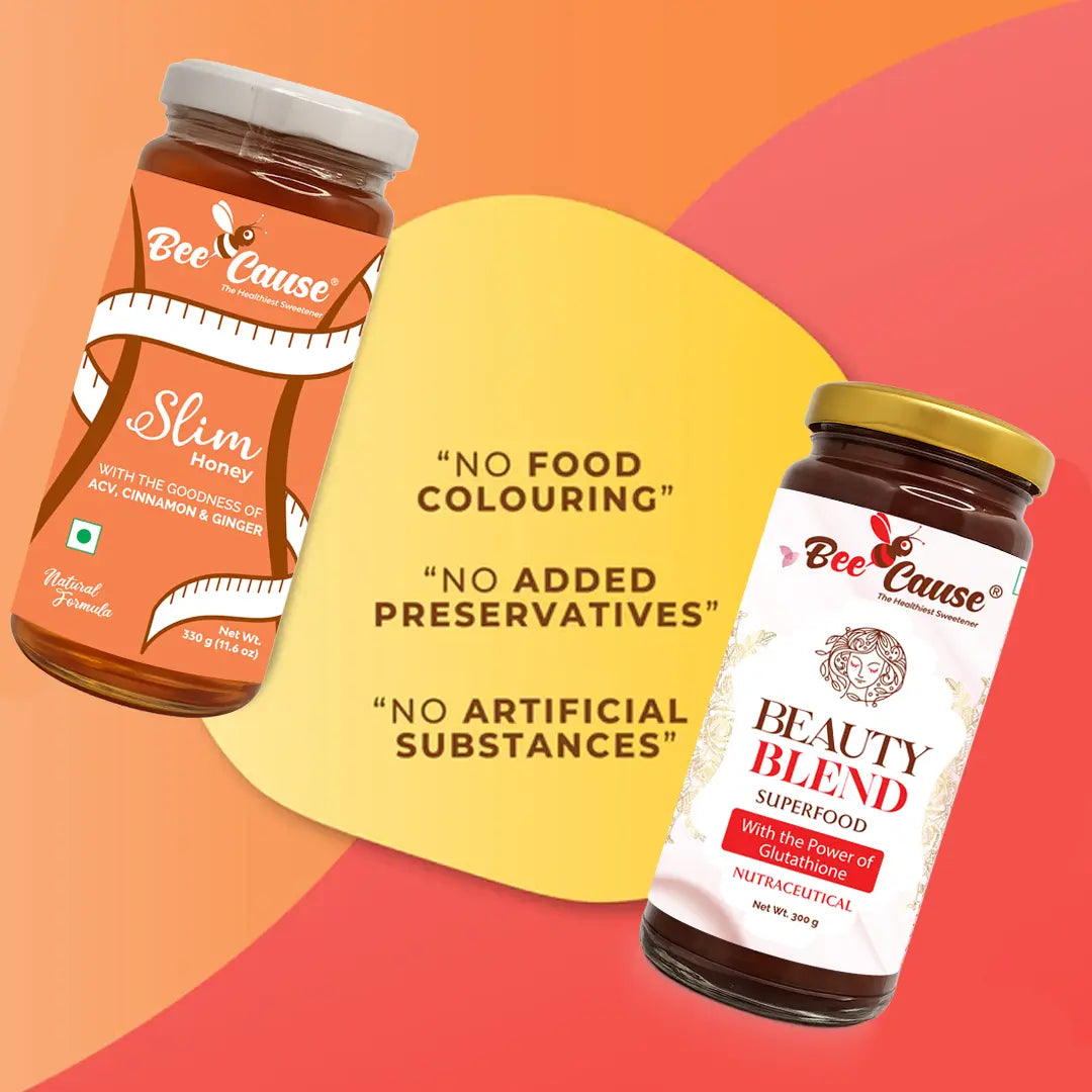 Two jars of 'Bee Cause' products on a colorful background with text about product features.