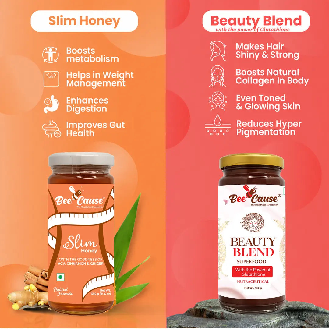 Two jars of Bee Cause honey, one labeled 'Slim Honey' and the other 'Beauty Blend', on a colorful background.