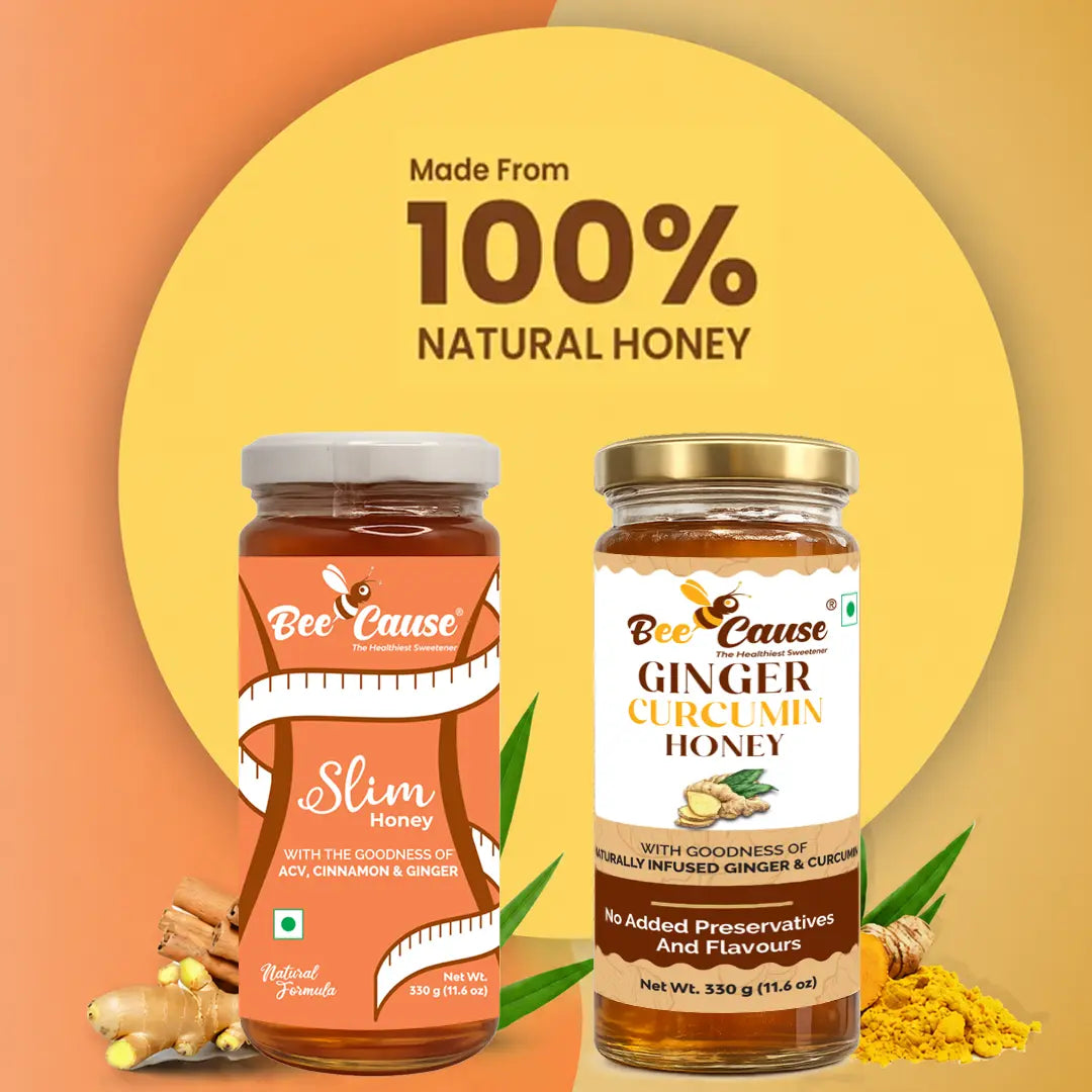 Two jars of honey with labels 'Slim Honey' and 'Ginger Curcumin Honey' on a gradient background.