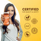 Woman holding a jar of 'Be-Cause' product with certification logos on a yellow background