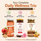 Promotional graphic for a Bee Cause Daily Wellness Trio, featuring three jars of honey and supplements: Skim Honey, Beauty Blend Superfood, and Ginger Cucumber Honey. The image includes descriptive text and icons highlighting benefits like weight management, skin/beauty support, and immune boosting, with decorative fruits and flowers on a light beige background.