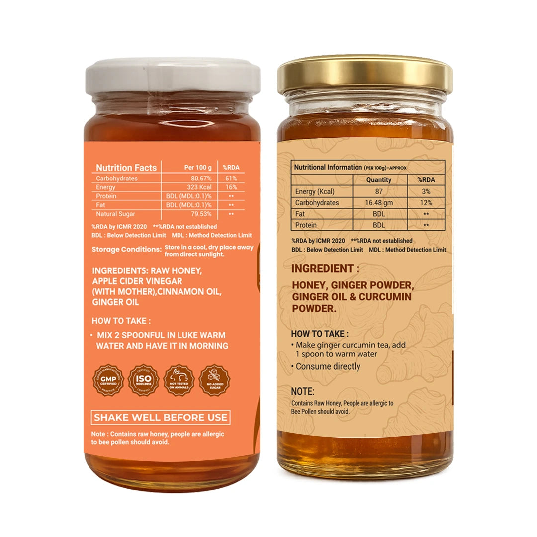 Two amber glass jars of honey shown side by side on a white background, one displaying the orange front label and the other showing the beige back label with nutritional information and ingredients.