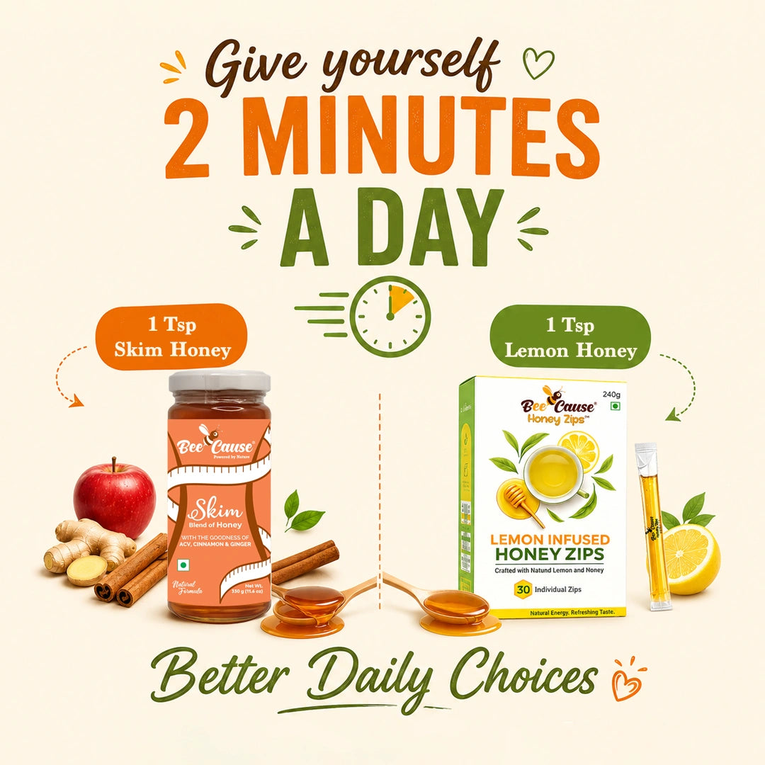Promotional graphic for Pre-Cease Skim Honey and Lemon Infused Honey Zips. The image features product packaging alongside illustrative ingredients (an apple, cinnamon sticks, honeycomb, and lemon slices) and text overlays reading 'Give yourself 2 MINUTES A DAY' and 'Better Daily Choices'.