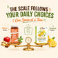 Promotional graphic for Dr. Lemon Honey Zips showing a jar of skim honey and a box of lemon-infused honey zips on a gold balance scale, with text reading 'THE SCALE FOLLOWS YOUR DAILY CHOICES One Spoon at a Time' and 'Skim Honey' and 'Lemon Honey' on a light beige background.