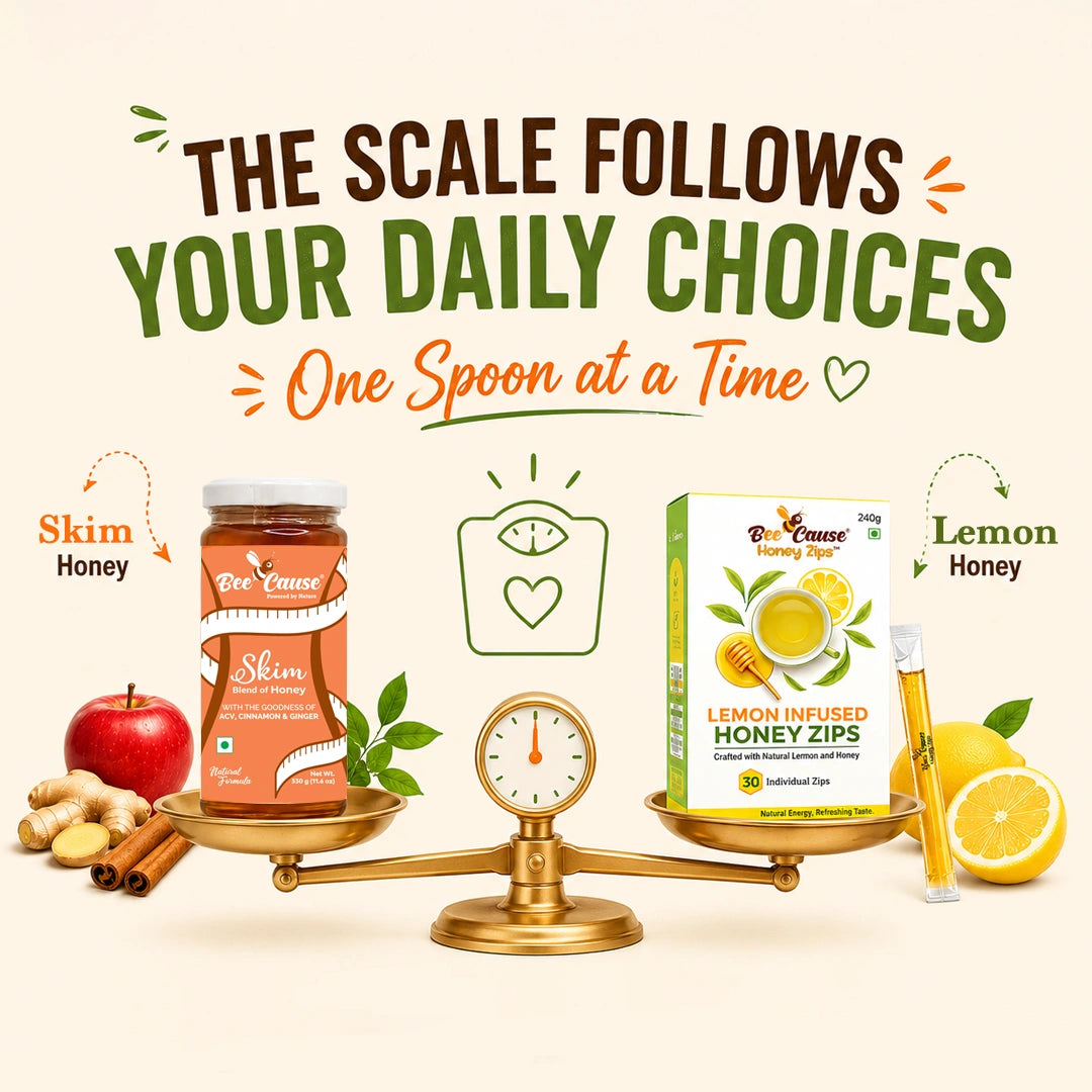 Promotional graphic for Dr. Lemon Honey Zips showing a jar of skim honey and a box of lemon-infused honey zips on a gold balance scale, with text reading 'THE SCALE FOLLOWS YOUR DAILY CHOICES One Spoon at a Time' and 'Skim Honey' and 'Lemon Honey' on a light beige background.