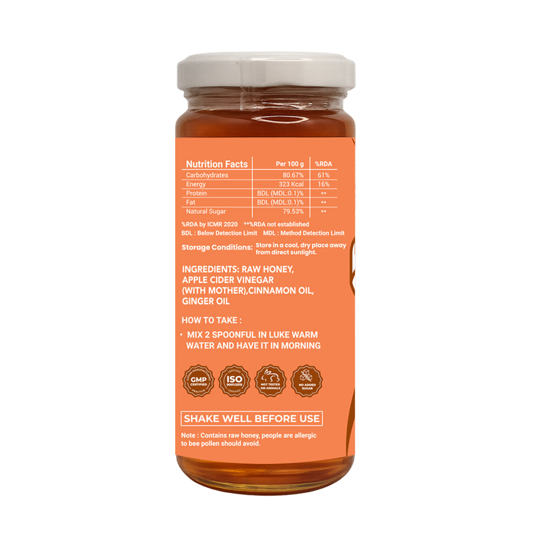 Jar of honey with nutritional information and ingredients on an orange label