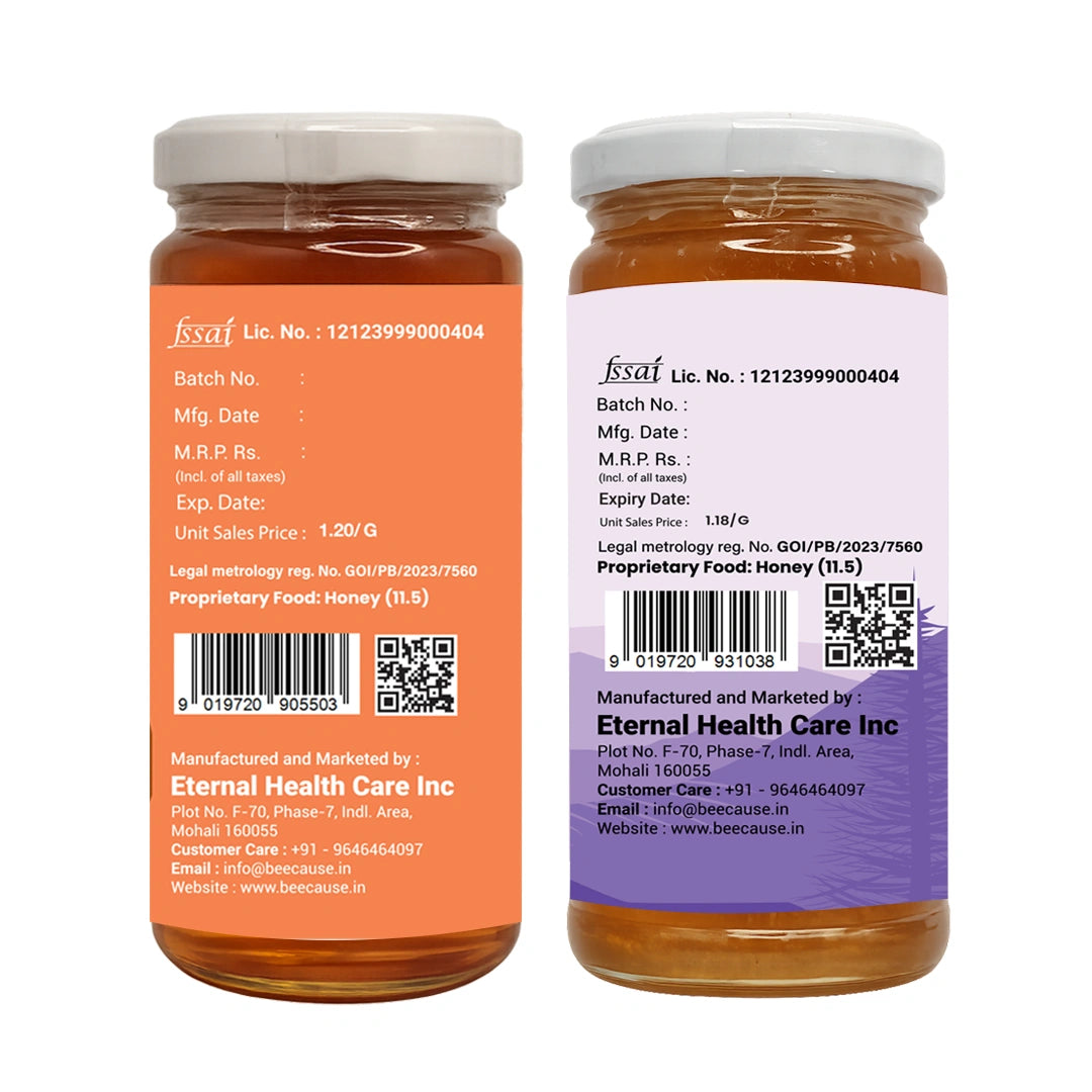 Two amber glass supplement bottles shown side by side on a white background, displaying the front and back labels of Fasal Honey supplement. The left bottle shows the orange front label, and the right bottle shows the white and purple back label with barcodes and manufacturer details.