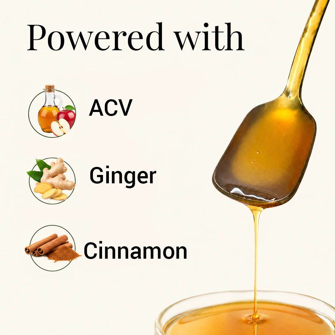 A promotional graphic with the text 'Powered with' above three ingredient callouts: ACV with a small bottle and fruit icon, Ginger with a ginger root icon, and Cinnamon with cinnamon sticks icon. A large spoonful of golden amber liquid drips into a glass at the bottom right on a light beige background.