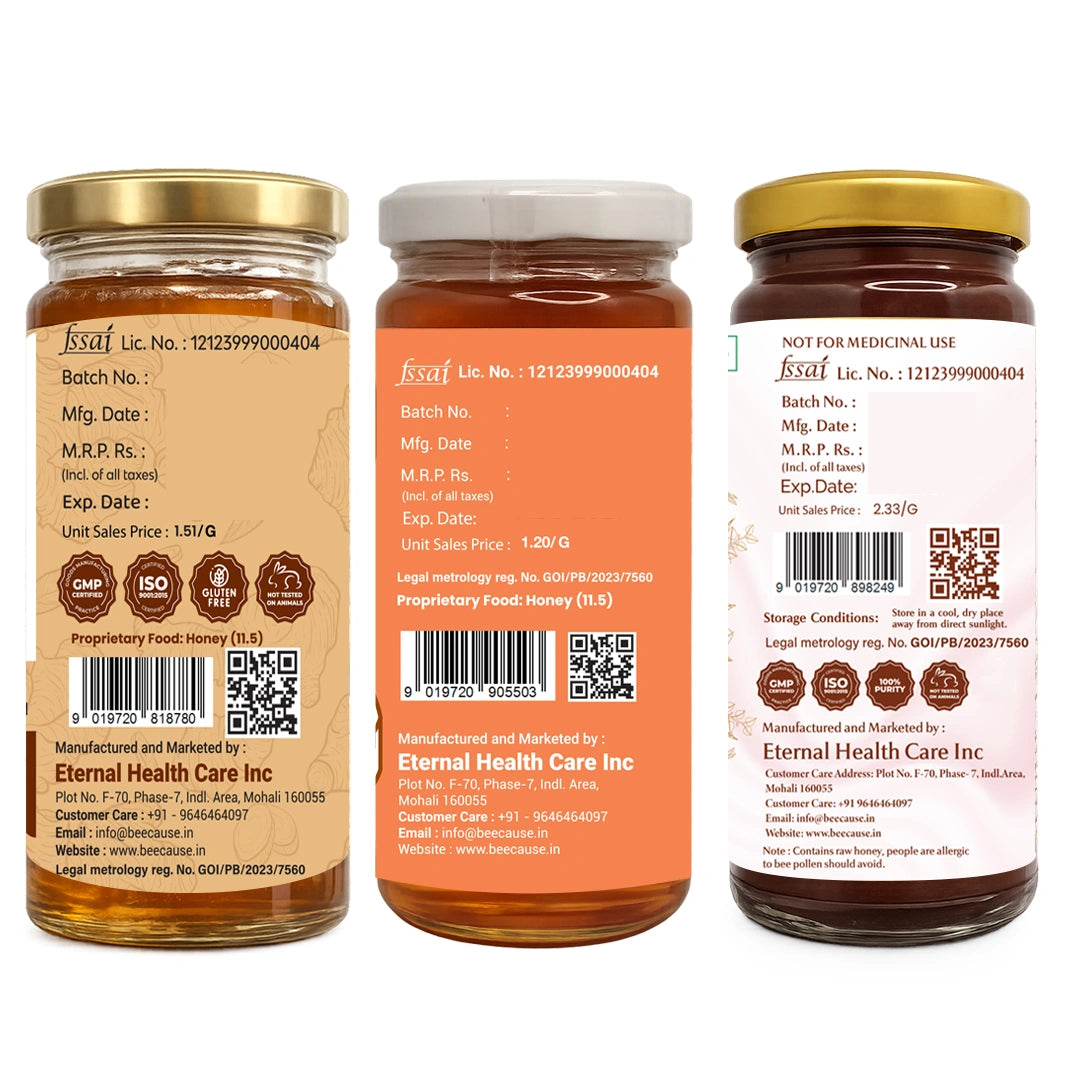 Three amber glass supplement bottles with gold caps shown side by side on a white background, displaying the front, back, and side labels for Jscal Proprietary Food Honey.