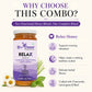 A promotional graphic for Bee Cause Relax Honey Blend, showing a jar of amber-colored honey with a purple and white label on a cream background. The text reads 'WHY CHOOSE THIS COMBO?' and lists benefits like 'Relax Honey' with icons.