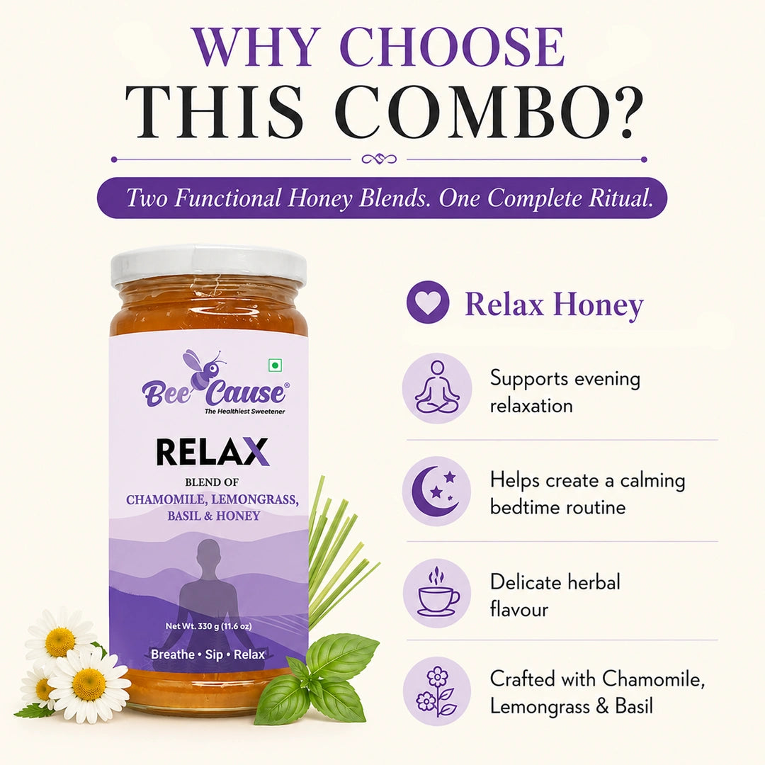 A promotional graphic for Bee Cause Relax Honey Blend, showing a jar of amber-colored honey with a purple and white label on a cream background. The text reads 'WHY CHOOSE THIS COMBO?' and lists benefits like 'Relax Honey' with icons.