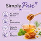 Honey being drizzled into a bowl with honeycomb, flowers, and 'Simply Pure' branding on a purple background.