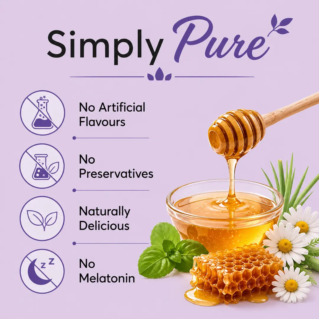 Honey being drizzled into a bowl with honeycomb, flowers, and 'Simply Pure' branding on a purple background.