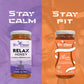 A split-screen marketing graphic featuring BeeCause Relax Honey on a purple background labeled "Stay Calm" and Slim Honey on an orange background labeled "Stay Fit," with subtle silhouettes of a sleeping and working out woman in the background.