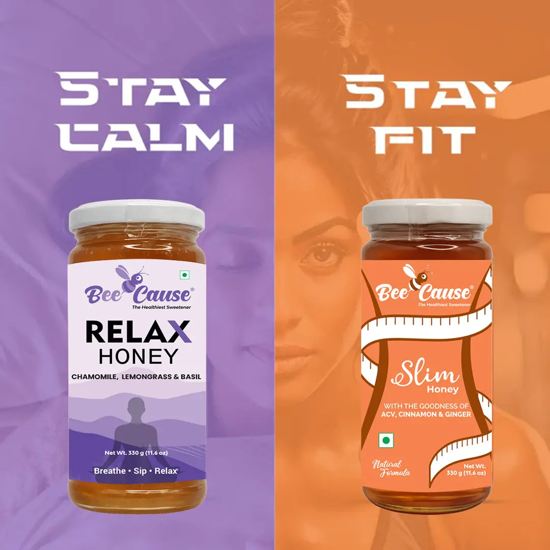 A split-screen marketing graphic featuring BeeCause Relax Honey on a purple background labeled "Stay Calm" and Slim Honey on an orange background labeled "Stay Fit," with subtle silhouettes of a sleeping and working out woman in the background.