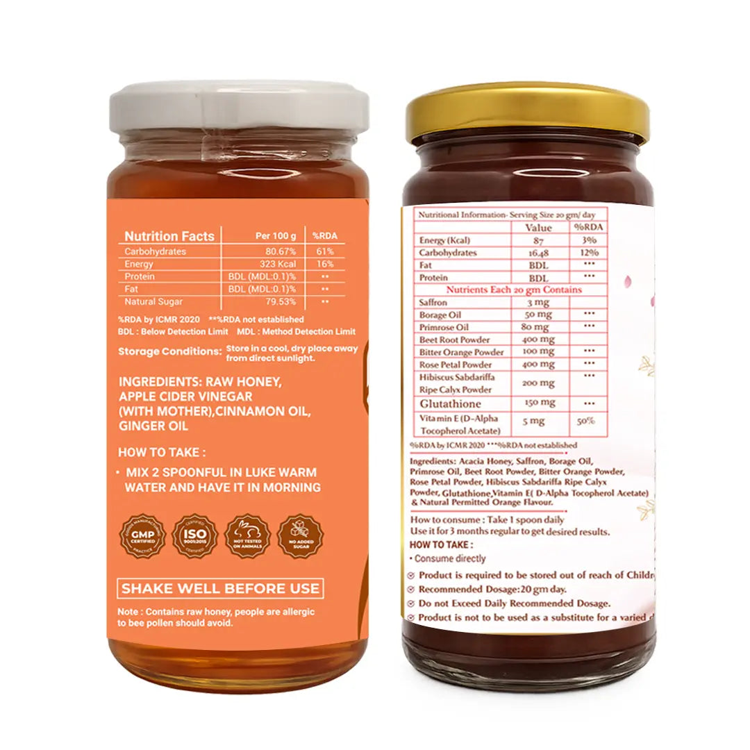 Two amber glass jars of Beecause honey shown side by side on a white background, displaying the front and back labels.