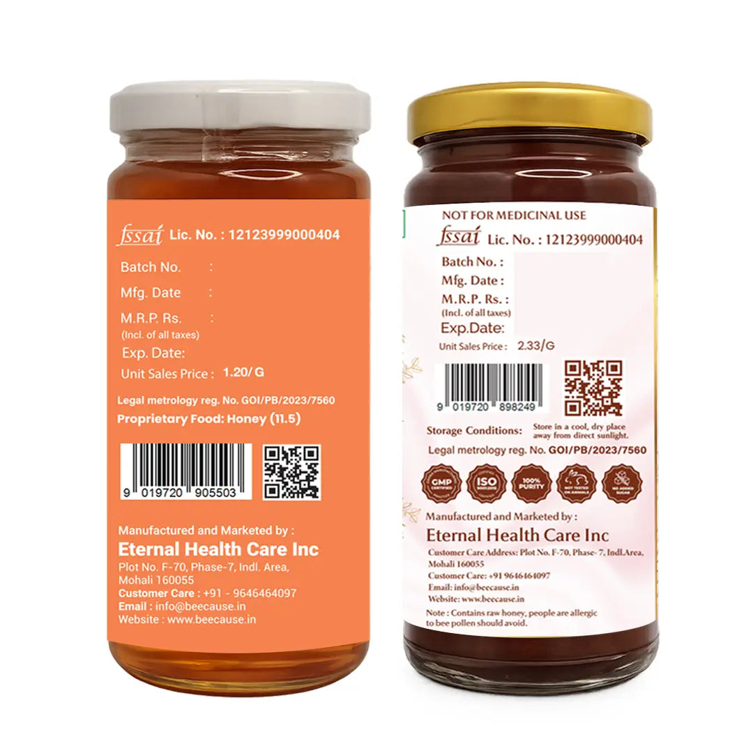 Two amber glass jars of BeeCause Honey shown side by side on a white background, displaying the front and back labels. The left jar shows the back label with orange text, and the right jar shows the front label with a gold lid.