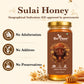 A jar of Bee-Cause Sulai Honey displayed on a warm beige background with promotional text and icons stating 'No Adulteration', 'No Additives', and 'No Preservatives'.