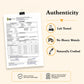 An authenticity graphic for a product featuring a sample test report from SLS (Safeway Laboratories Singapore) on the left, alongside three key selling points on a light beige background: 'Authenticity' text, a bee icon with 'Lab Tested', a 'Pb' icon with 'No Heavy Matalds', and a dropper icon with 'Naturally Crafted'.