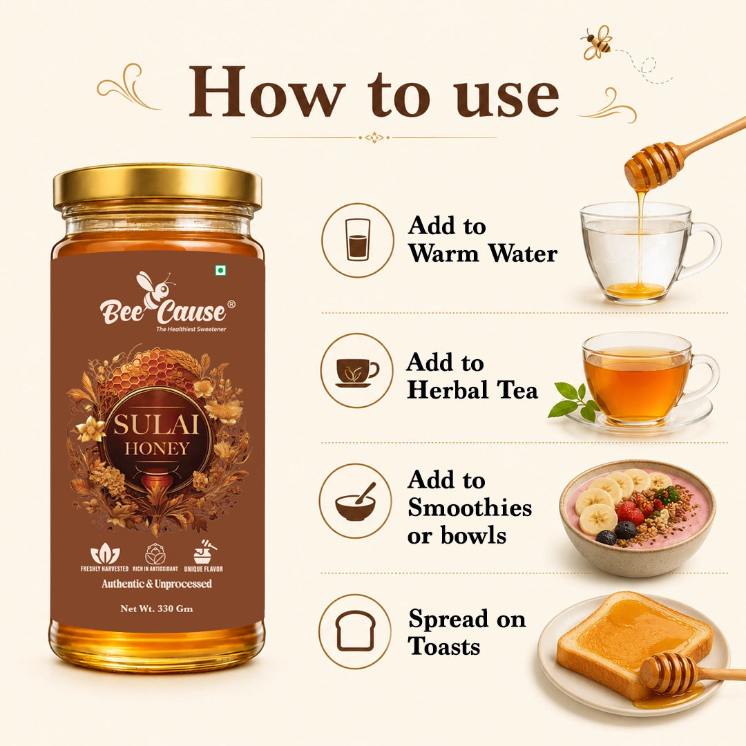 A jar of Bee Cause Sulai Honey is shown on a beige background with a 'How to use' infographic. The infographic lists four ways to consume the honey: add to warm water, herbal tea, smoothies, and toast, accompanied by illustrations of a glass cup with honey dripping, a cup of tea, a bowl of smoothie with fruit, and slices of toast with a honey dipper.