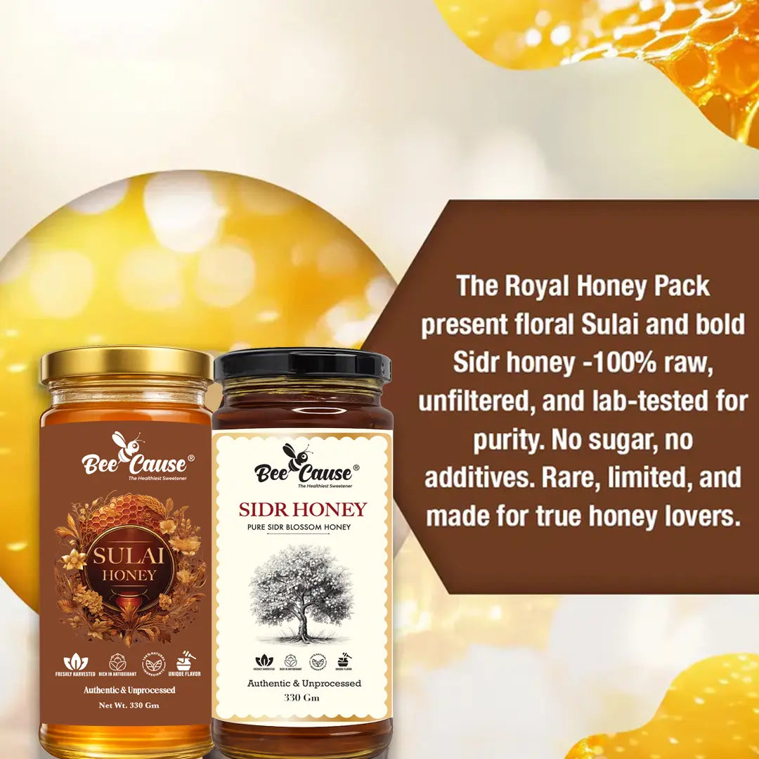 Two jars of honey from Bee Cause with text about the honey's purity and characteristics.