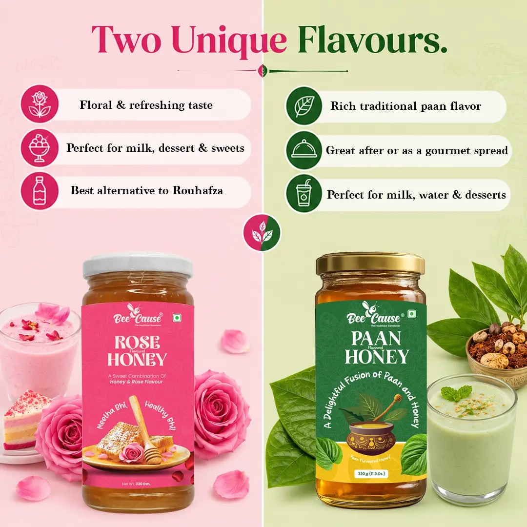 A promotional split graphic showing two jars of Bee Cause honey side by side on a pink and light green background. The left jar is labeled Rose Honey with pink labeling and is shown with pink roses and a pink drink.