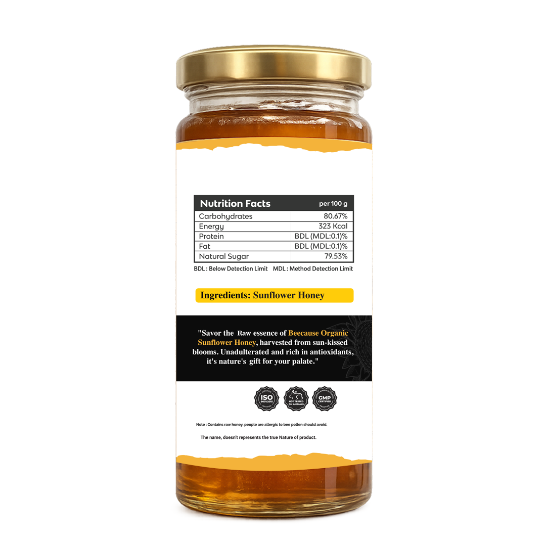 BeeCause Organic Sunflower Honey jar back label showing nutrition facts, sunflower honey ingredients, certifications and product details