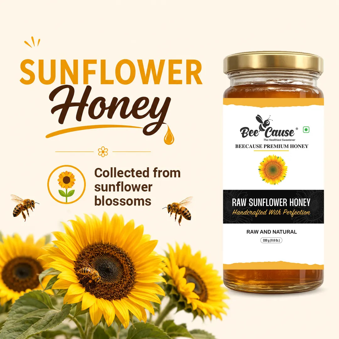 A jar of Bee Cause Raw Sunflower Honey displayed next to promotional text and sunflower imagery on a warm cream background. The jar has a gold lid and a white label with a sunflower graphic.