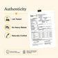 Promotional graphic for a food product emphasizing authenticity, with text reading 'Authenticity,' icons for 'Lab Tasted,' 'No Heavy Metals,' and 'Naturally Crafted,' and a sample certificate document clipped at the top on a beige background.