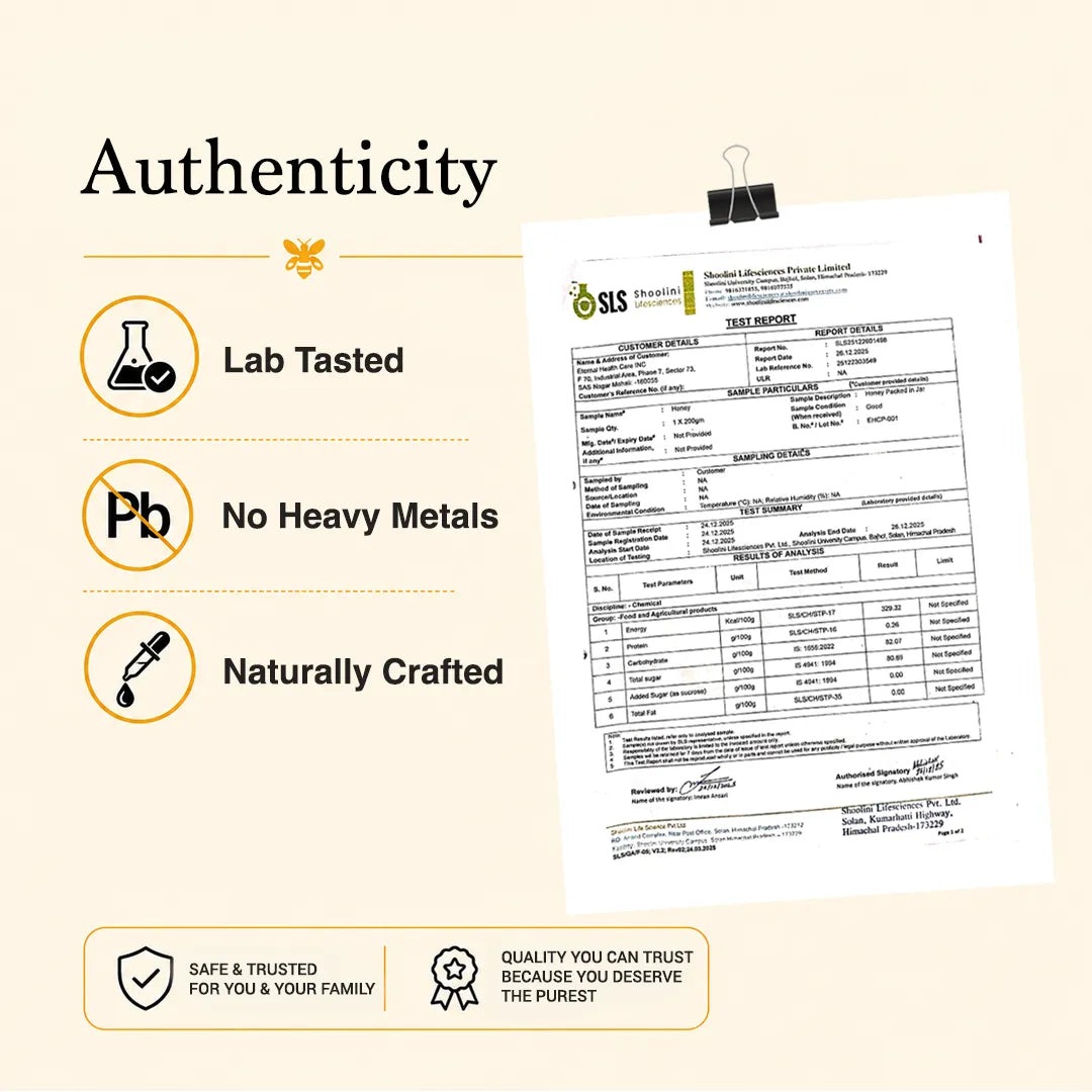 Promotional graphic for a food product emphasizing authenticity, with text reading 'Authenticity,' icons for 'Lab Tasted,' 'No Heavy Metals,' and 'Naturally Crafted,' and a sample certificate document clipped at the top on a beige background.
