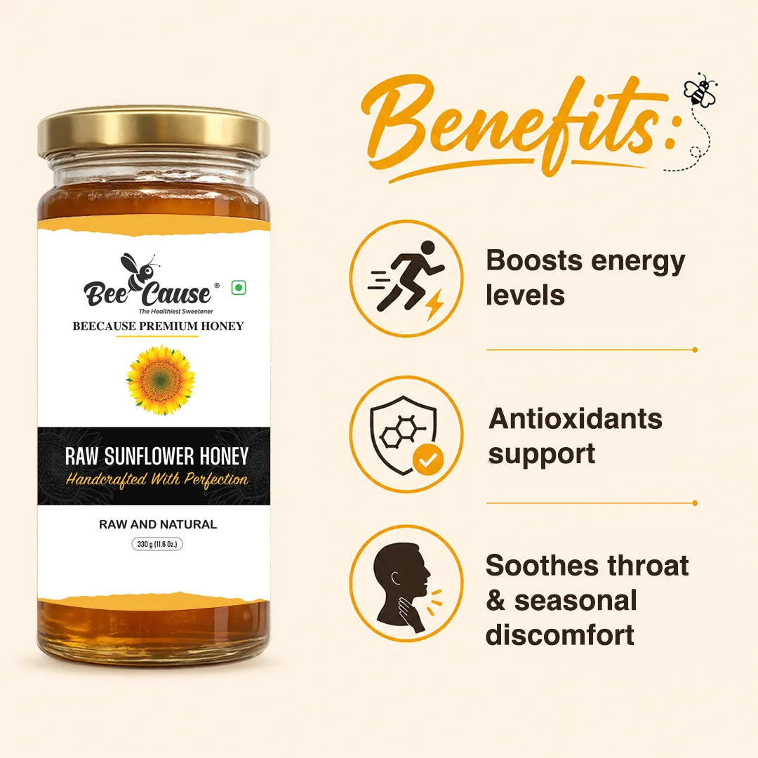 A jar of Bee Cause Raw Sunflower Honey on a light beige background with promotional text and benefit icons. The jar has a white label with a sunflower graphic and a gold lid.