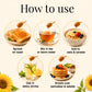 Instructions on how to use honey with images of honey being added to toast, tea, cereal, water, pancakes, and salad.