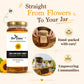 A jar of BeeLause Raw Sunflower Honey displayed on a warm beige promotional background with text, icons, and small inset photos showing hands sealing the jar and beekeepers working in a sunflower field.