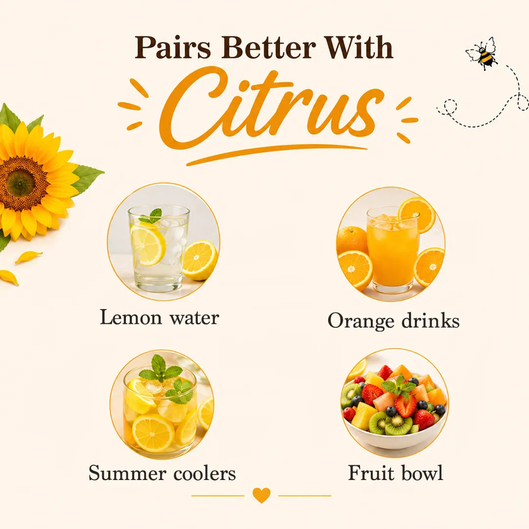Promotional graphic with lemon and sunflower, featuring lemon water, orange drinks, summer coolers, and a fruit bowl.