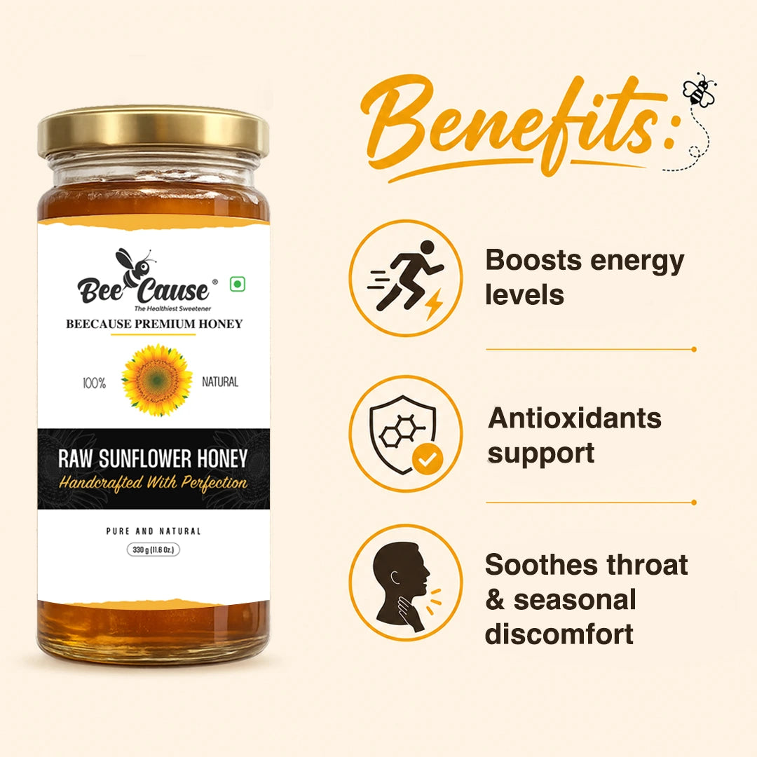 Jar of honey with 'Bee Cause' branding and honey benefits listed on a beige background