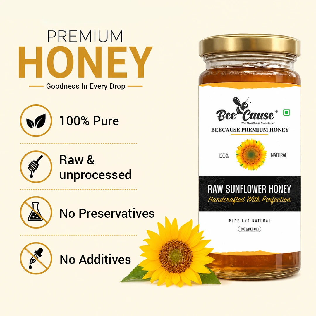 Bee Cause raw sunflower honey jar with sunflower illustration and product features on a beige background