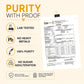 Product purity certification with lab tested, no heavy metals, 100% purity, and no sugar adulteration claims on a beige background.