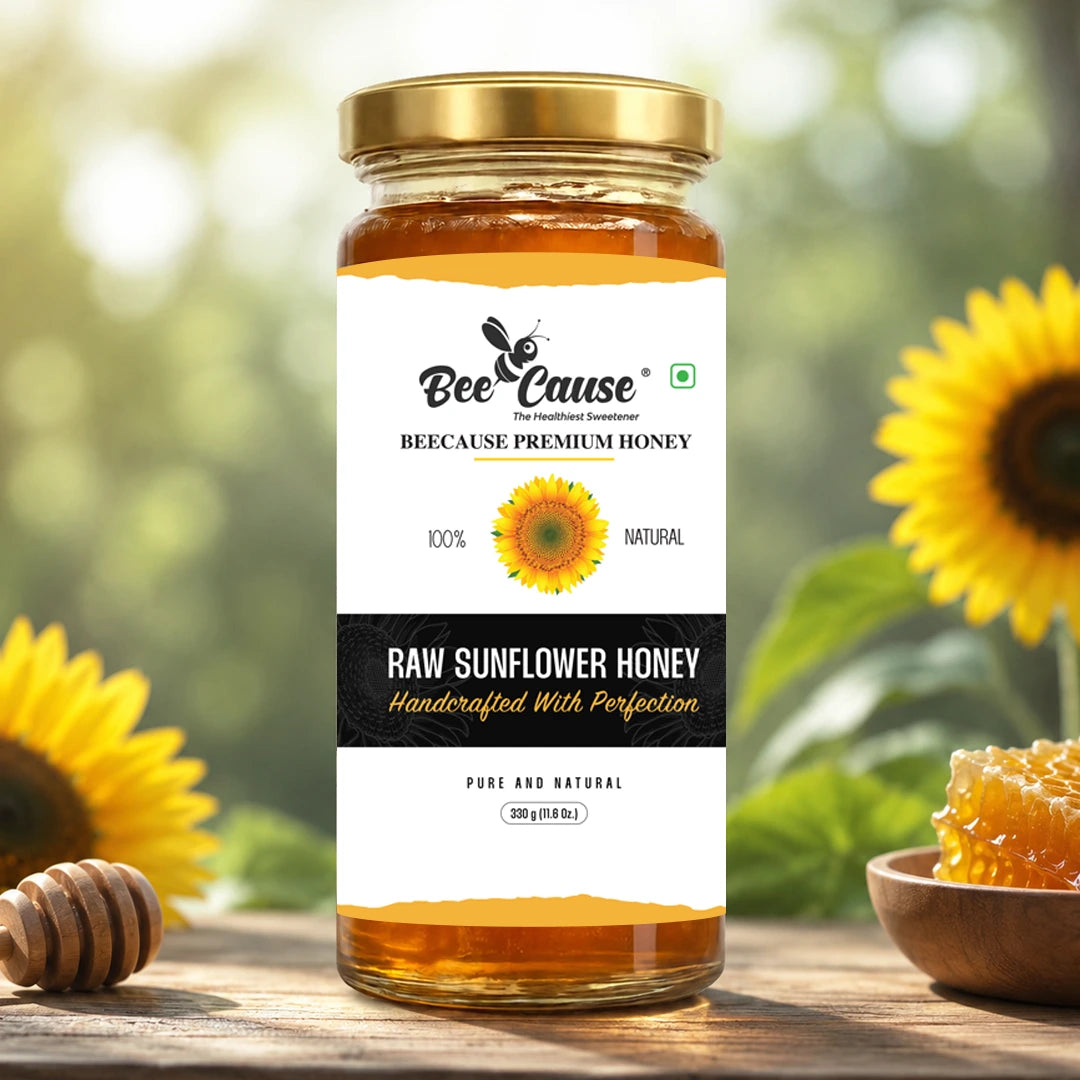BeeCause honey jar with sunflowers in the background