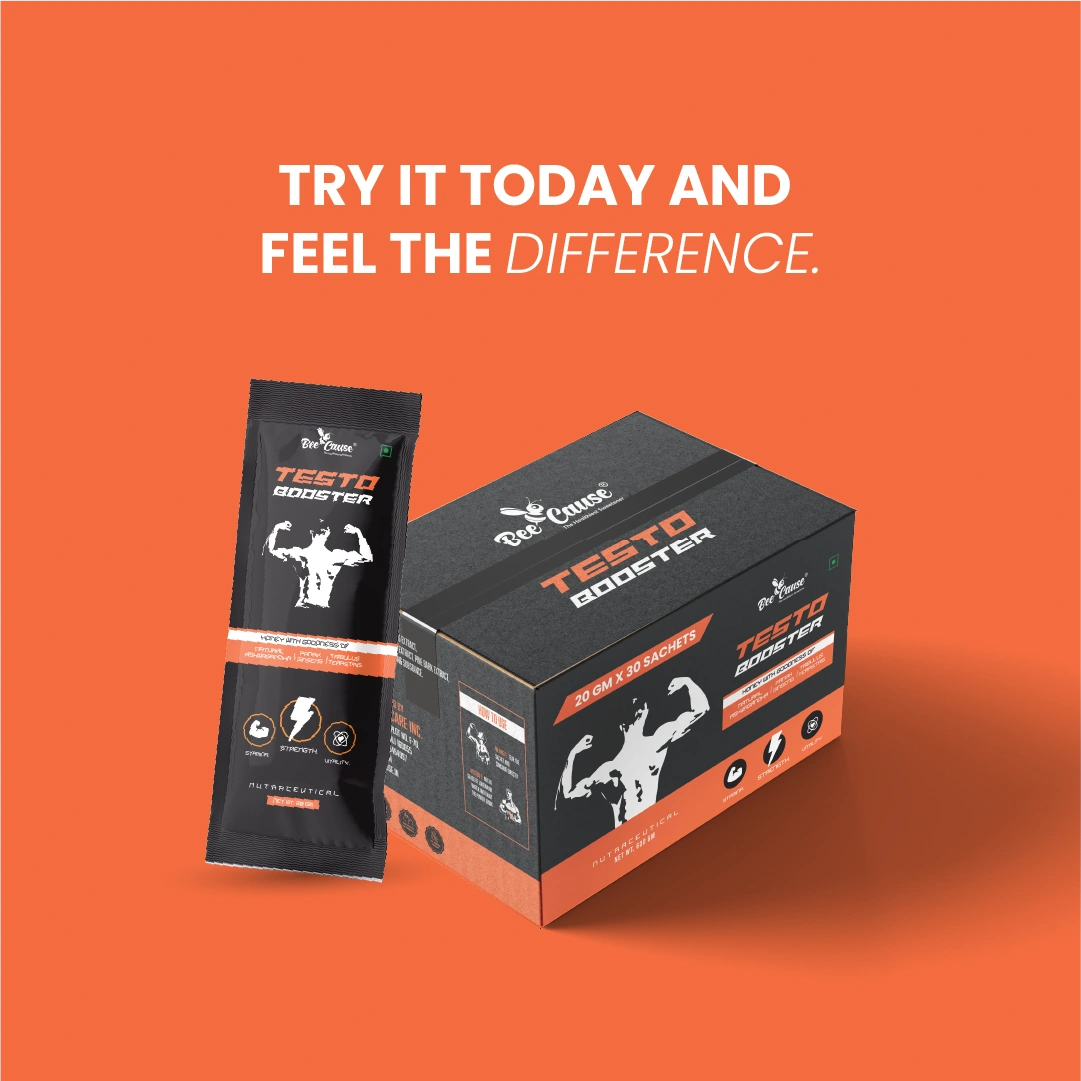 Studio shot of the Testo Booster Honey packaging, featuring a 30-sachet box and a single packet, labeled as a nutraceutical for strength and vitality.