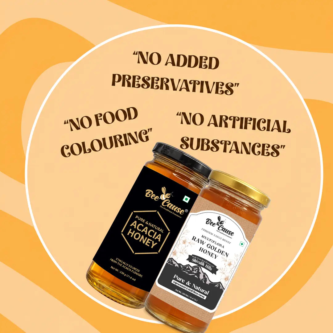 Two jars of Bee Kame honey displayed against a warm orange and beige graphic background with text highlighting key product features: 'NO ADDED PRESERVATIVES', 'NO FOOD COLOURING', and 'NO ARTIFICIAL SUBSTANCES'.