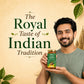 Man holding a jar of honey with text 'The Royal Taste of Indian Tradition' on a beige background.