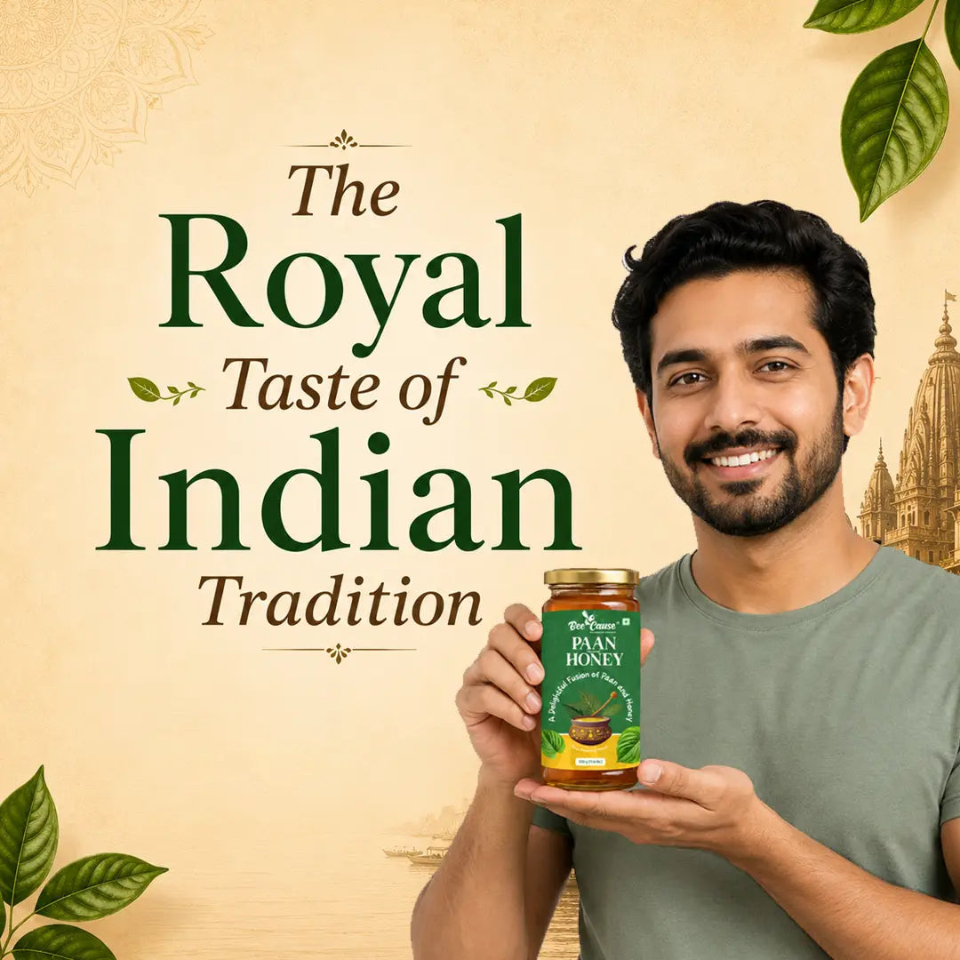 Man holding a jar of honey with text 'The Royal Taste of Indian Tradition' on a beige background.