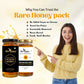 A smiling woman pointing to a combo pack of BeeCause Acacia and Sunflower honey jars, highlighting benefits like no added sugar, tested for purity, sustainably harvested, and never heated.