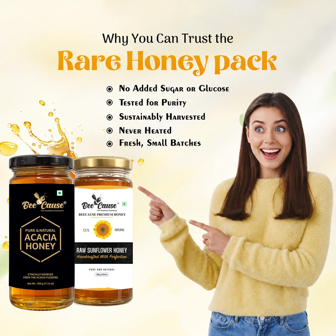 A smiling woman pointing to a combo pack of BeeCause Acacia and Sunflower honey jars, highlighting benefits like no added sugar, tested for purity, sustainably harvested, and never heated.