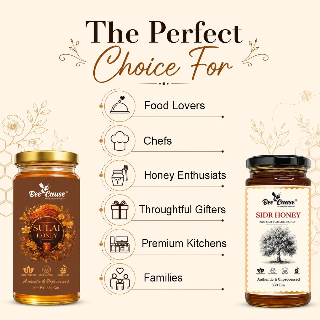 Promotional graphic for Bee Cause honey showing two jars of honey on a beige background with decorative text and icons. The left jar is labeled Sulai Honey with a gold lid, and the right jar is labeled Sidr Honey with a black lid.