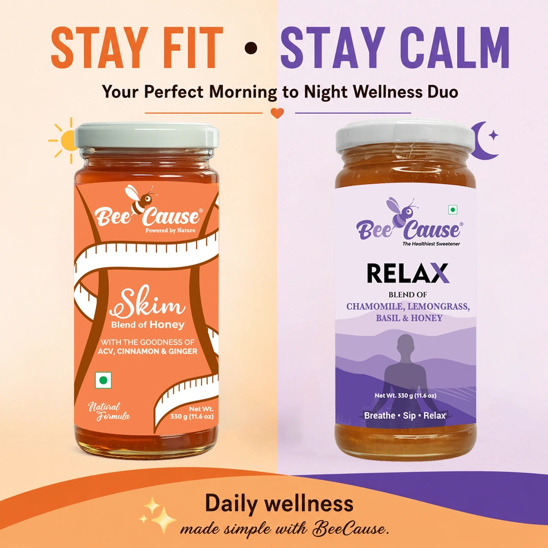 Two jars of Bee Cause honey blends shown side by side on a pastel promotional background. The left jar is orange-labeled 'Skim Blend of Honey' and the right jar is purple-labeled 'RELAX Blend of Chamomile, Lemongrass, Basil & Honey.