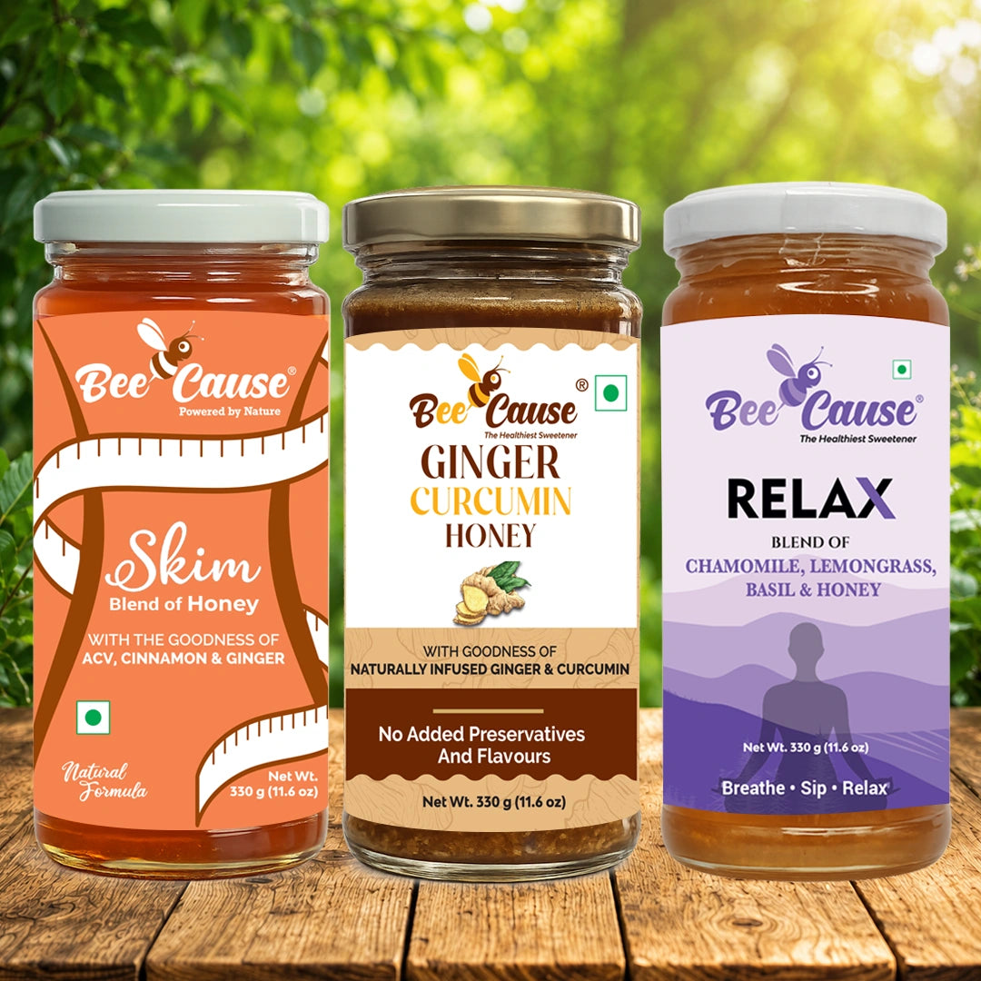 Three jars of Bee Cause honey products displayed side by side on a wooden surface with a blurred green outdoor background. The jars are labeled 'Skim' (orange), 'Ginger Curumin Honey' (white and brown), and 'RELAX' (purple).