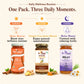Three jars of Bee Cause daily wellness honey products arranged on a cream background with morning, daytime, and evening labels and small ingredient illustrations.