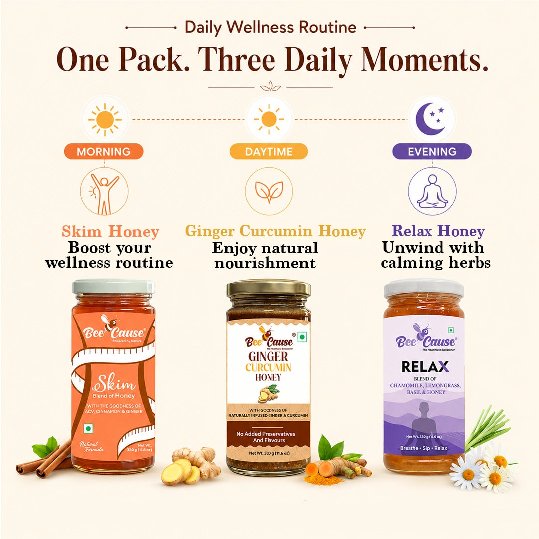 Three jars of Bee Cause daily wellness honey products arranged on a cream background with morning, daytime, and evening labels and small ingredient illustrations.